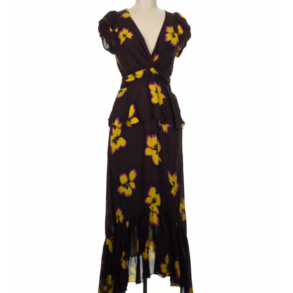 A.L.C. Brown Midi Wrap Dress with Yellow Floral Print
